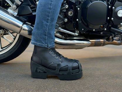 Bootlift boot sole attachment to help short motorbike riders ride tall bike